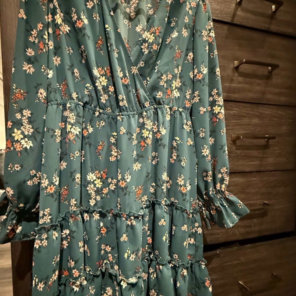 Teal Floral Dress with Long Sleeves